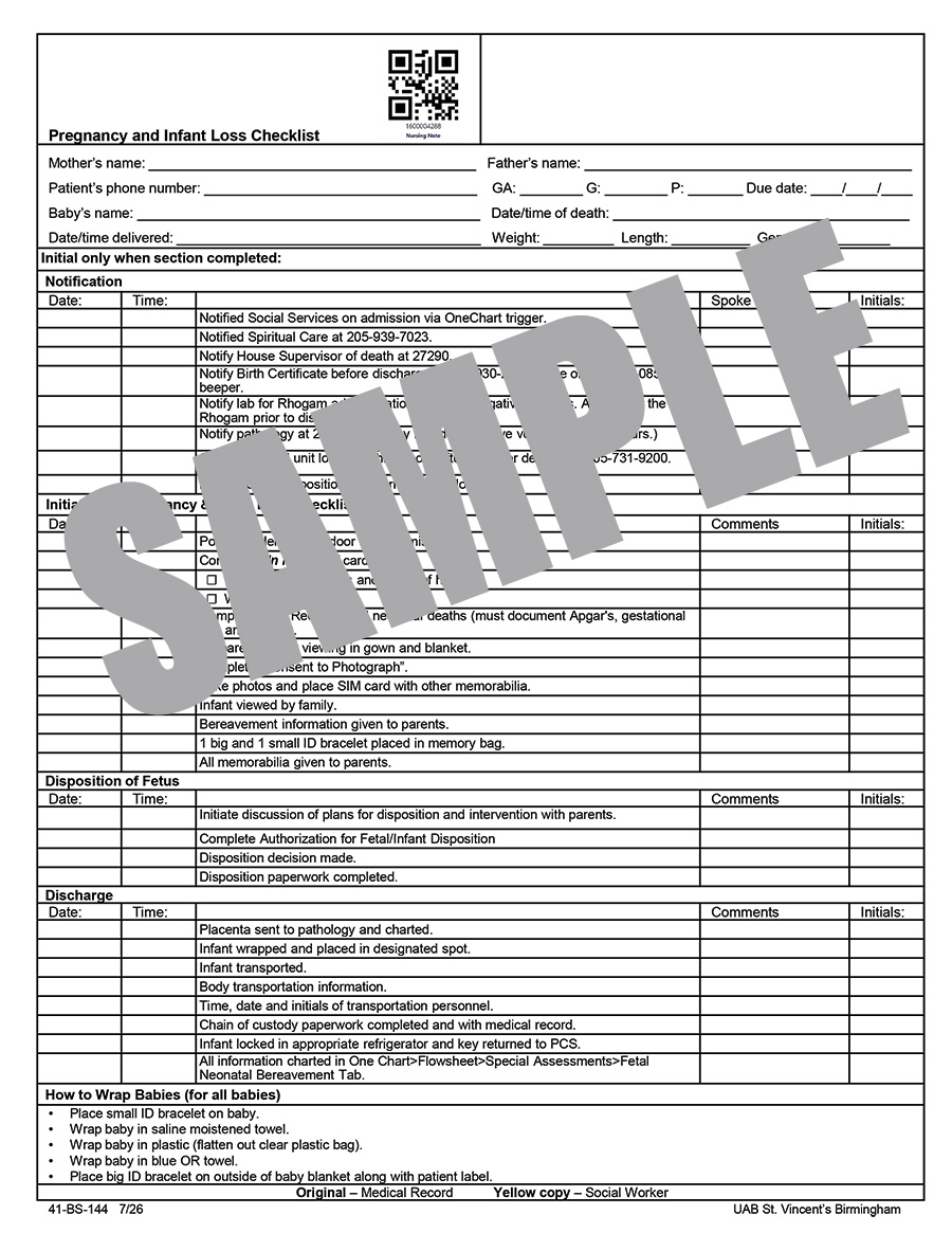 PREGNANCY AND INFANT LOSS CHECKLIST