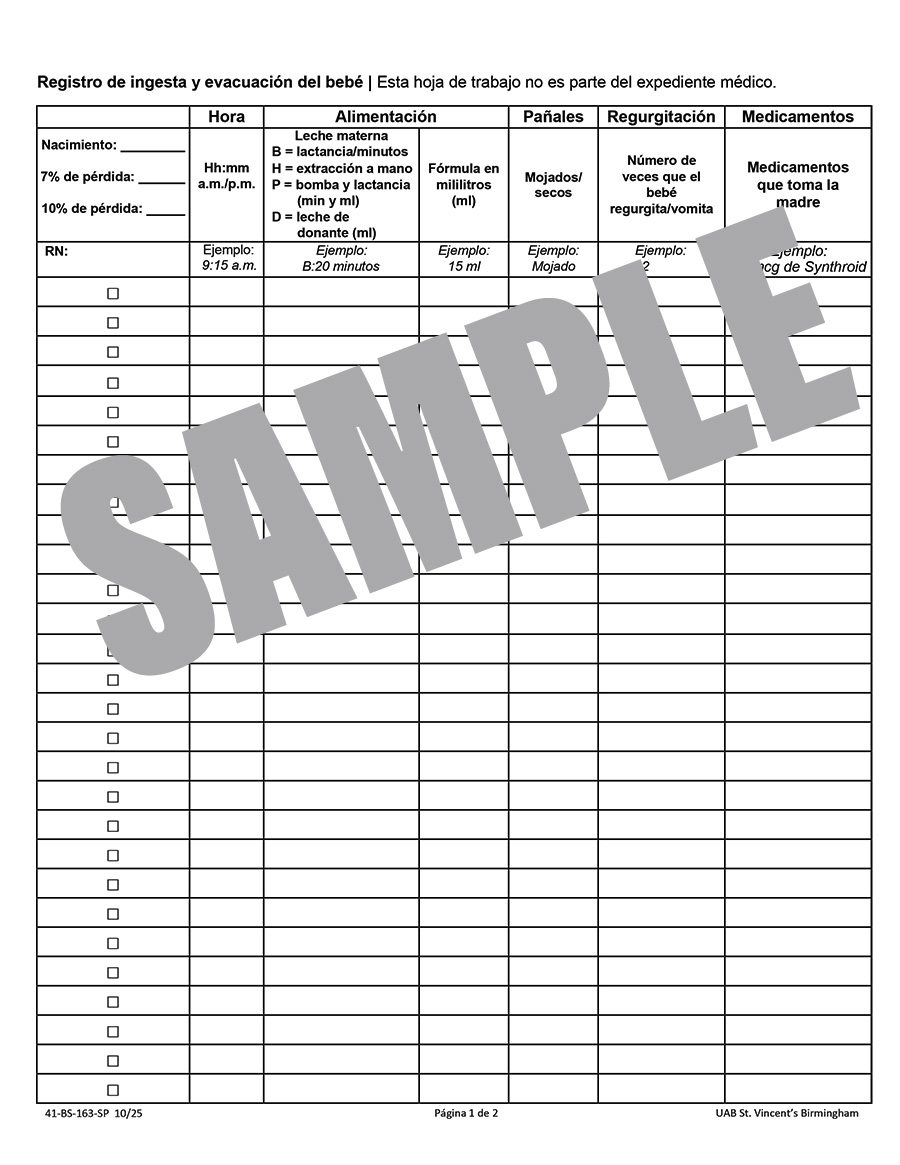 UAB BABY INTAKE AND OUTPUT RECORD - SPANISH