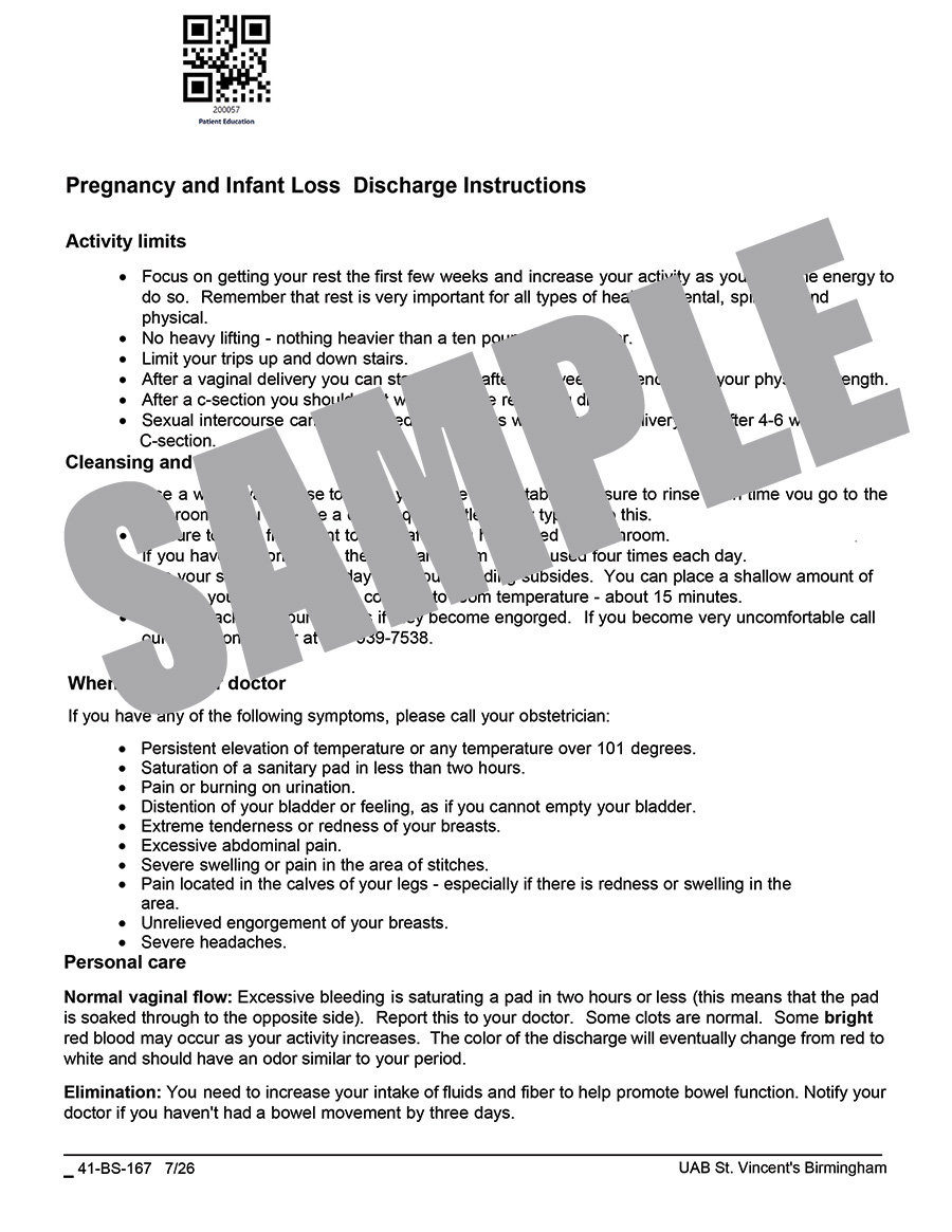 UAB PREGNANCY AND INFANT LOSS DISCHARGE INSTRUCTIONS