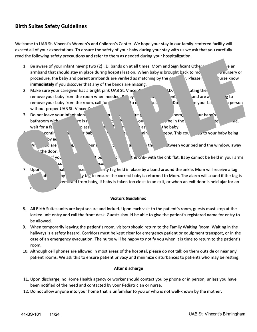 UAB BIRTH SUITES SAFETY GUIDELINES