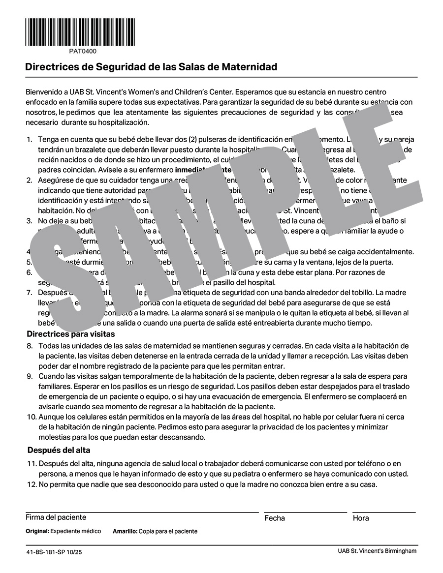 UAB BIRTH SUITES SAFETY GUIDELINES - SPANISH