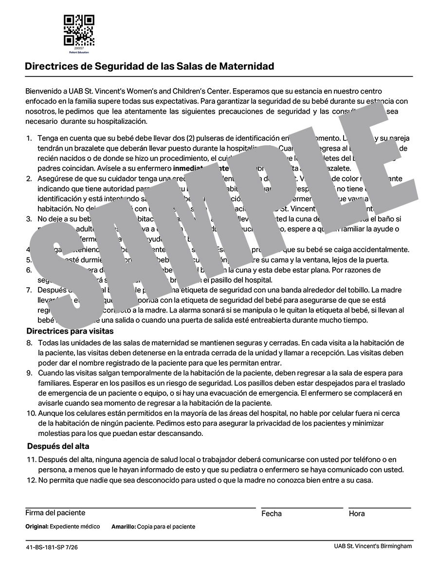 UAB BIRTH SUITES SAFETY GUIDELINES - SPANISH