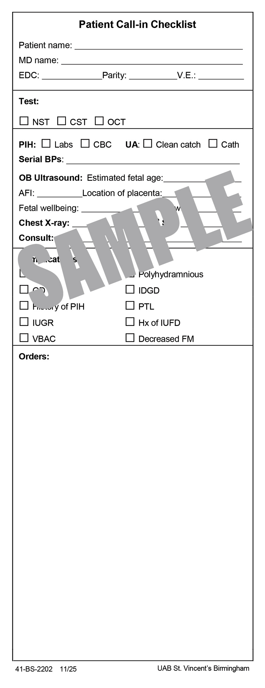 UAB PATIENT CALL-IN CHECKLIST