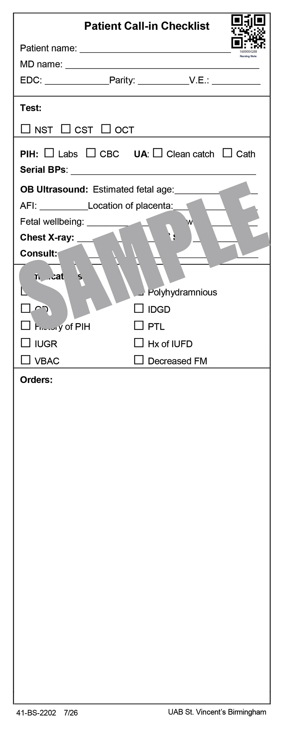 UAB PATIENT CALL-IN CHECKLIST