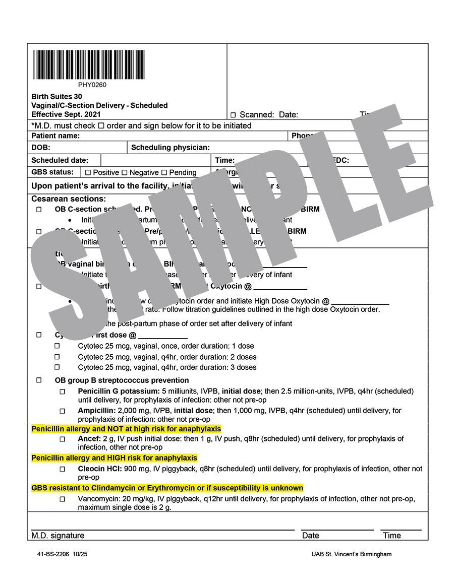 UAB BIRTH SUITES 30-VAG C-SEC DEL SCHED