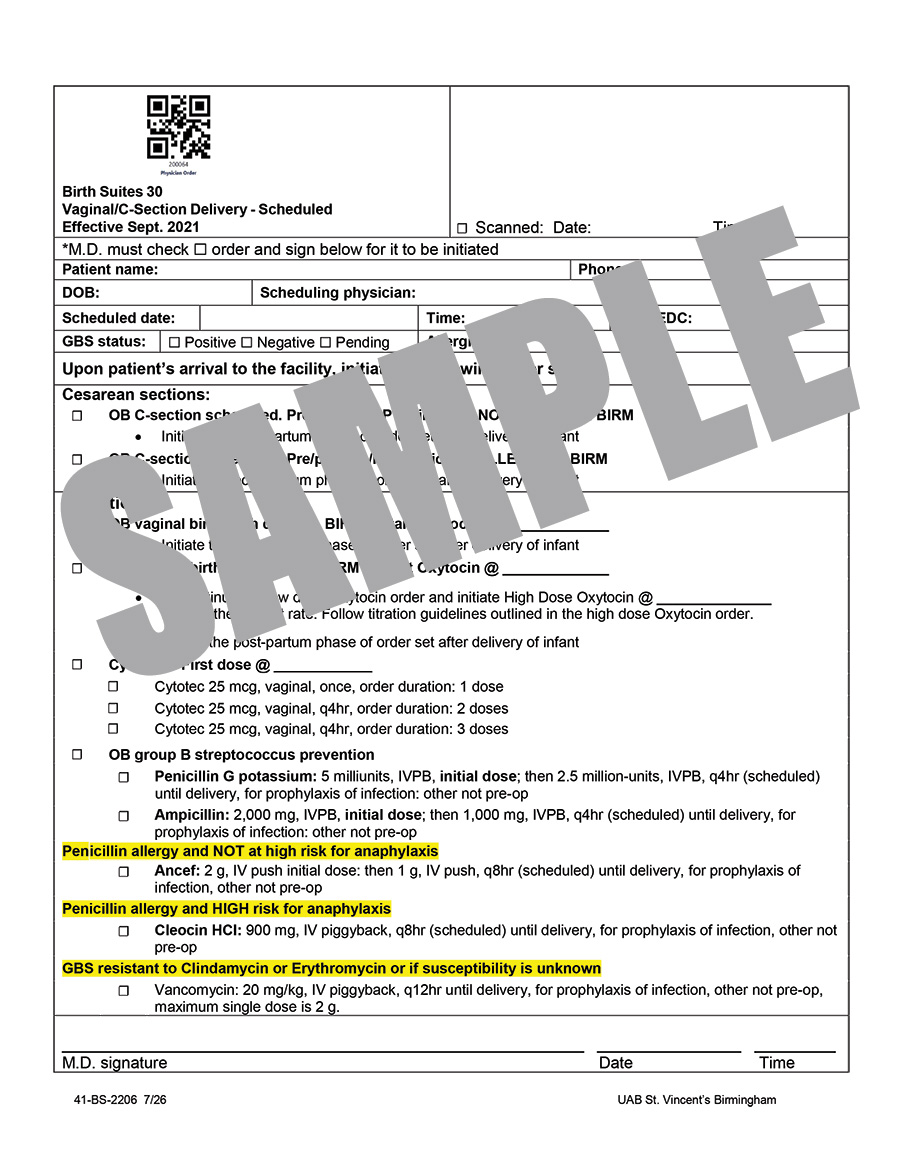 UAB BIRTH SUITES 30-VAG C-SEC DEL SCHED