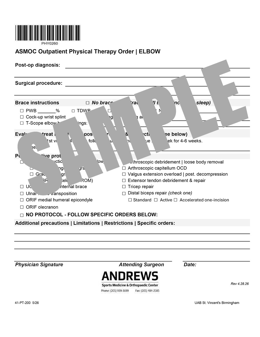 ASMOC SURGERY PT ORDER - ELBOW
