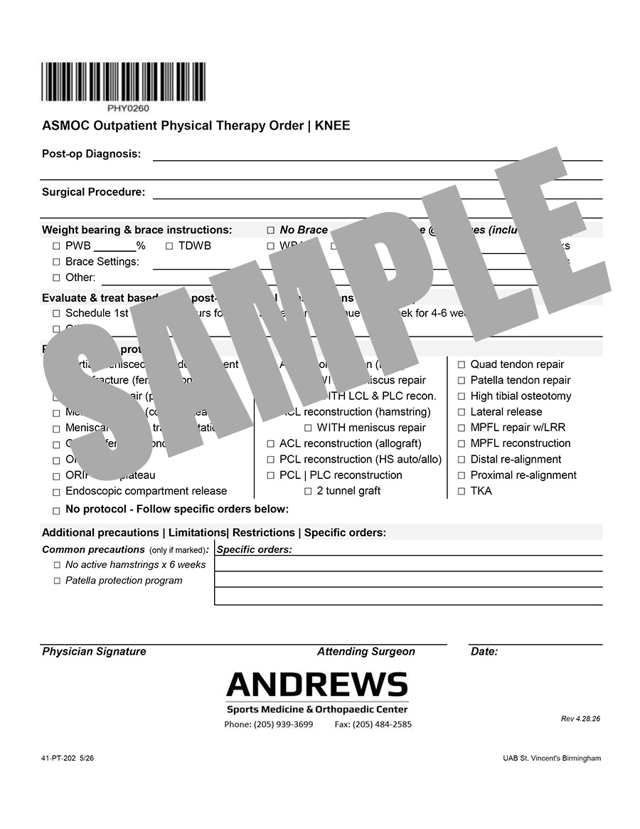 ASMOC SURGERY PT ORDER - KNEE