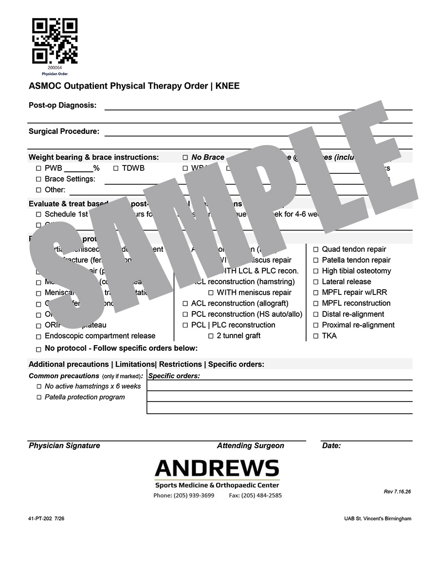 ASMOC SURGERY PT ORDER - KNEE