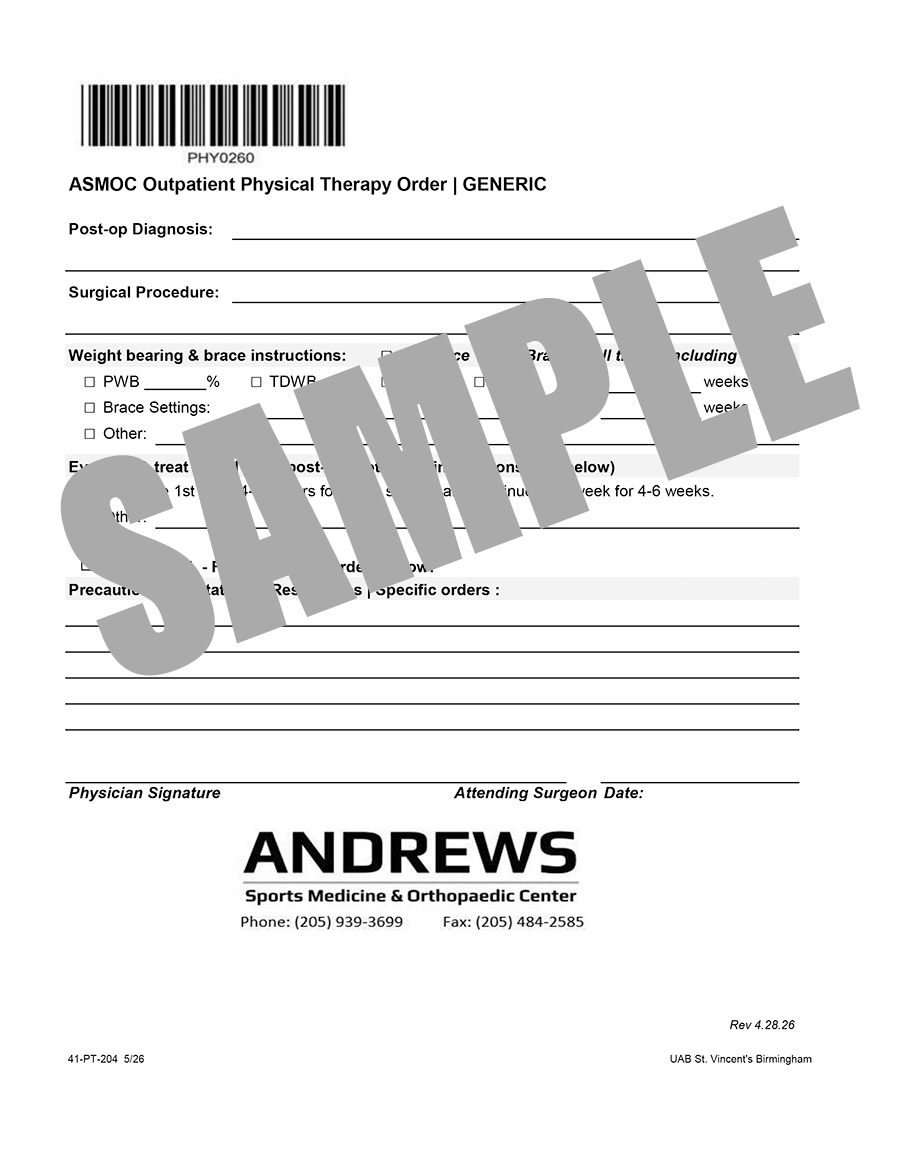 ASMOC SURGERY PT ORDER - GENERIC
