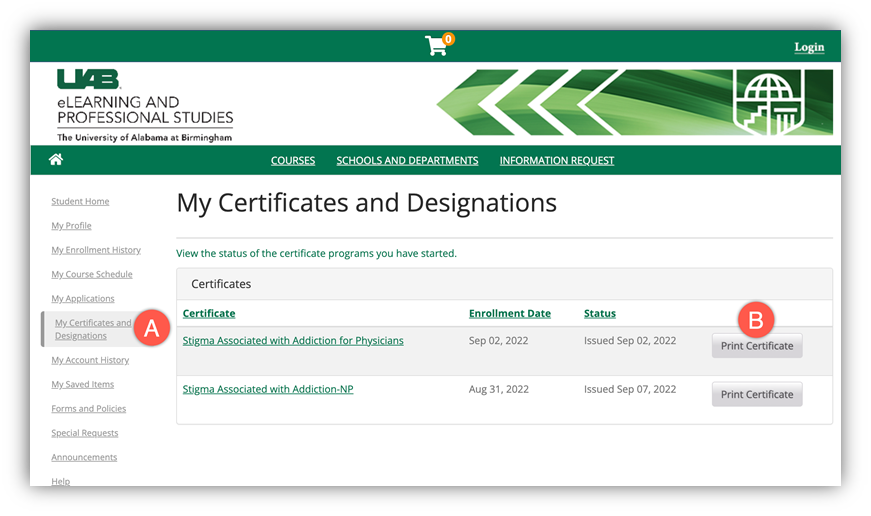 Screenshot showing My Certificates and Designation page