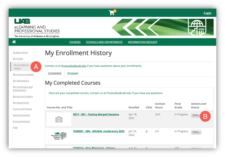 Screenshot showing My Enrollment History page