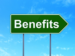 Finance concept: Benefits on green road (highway) sign, clear blue sky background, 3d render