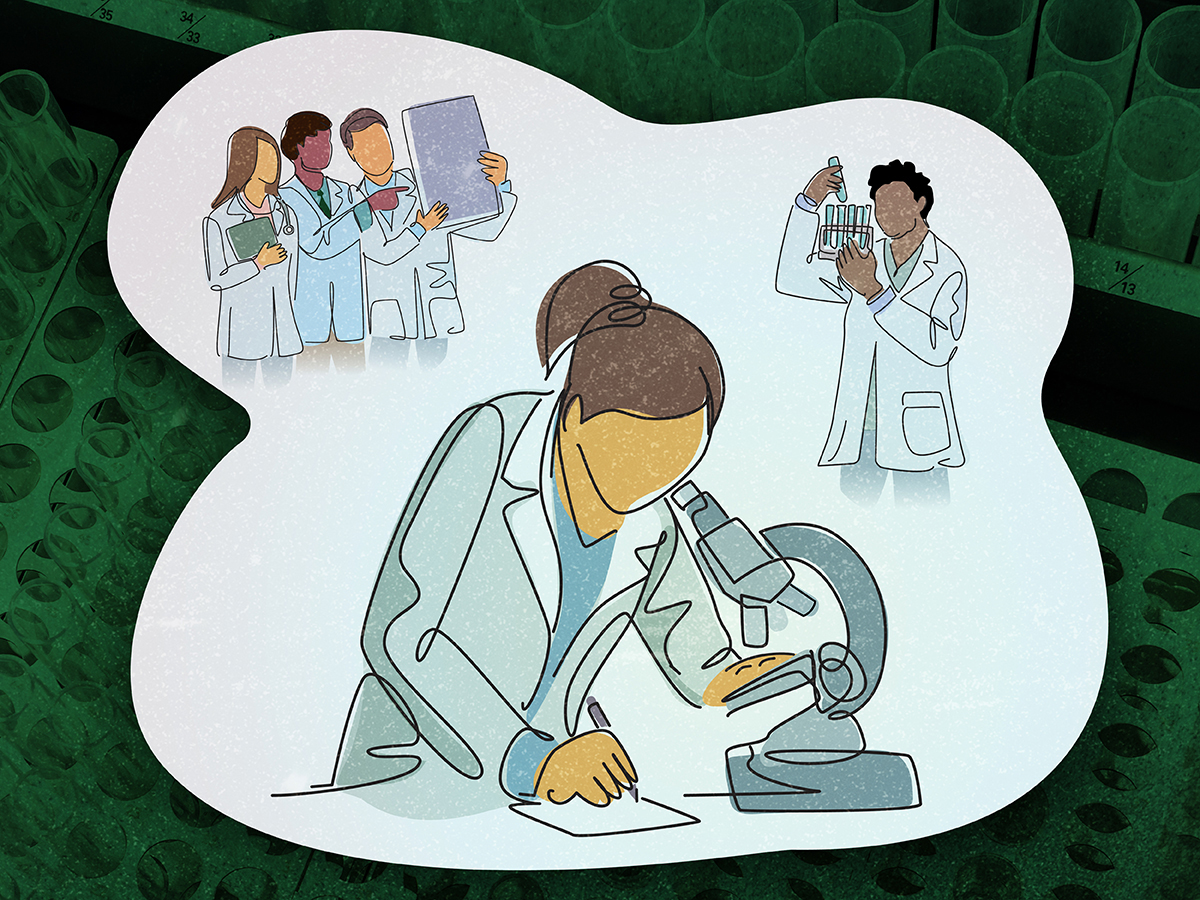 Researchers look in microscope, hold up equipment and study results