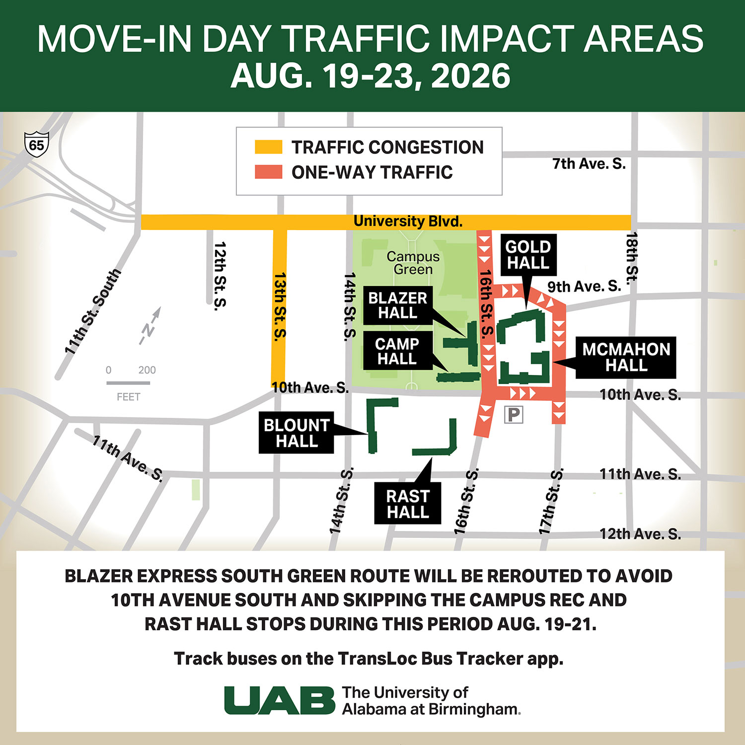 Campus map showing traffic congestion and one-way traffic during move-in 2026. See full description of graphic at end of story.