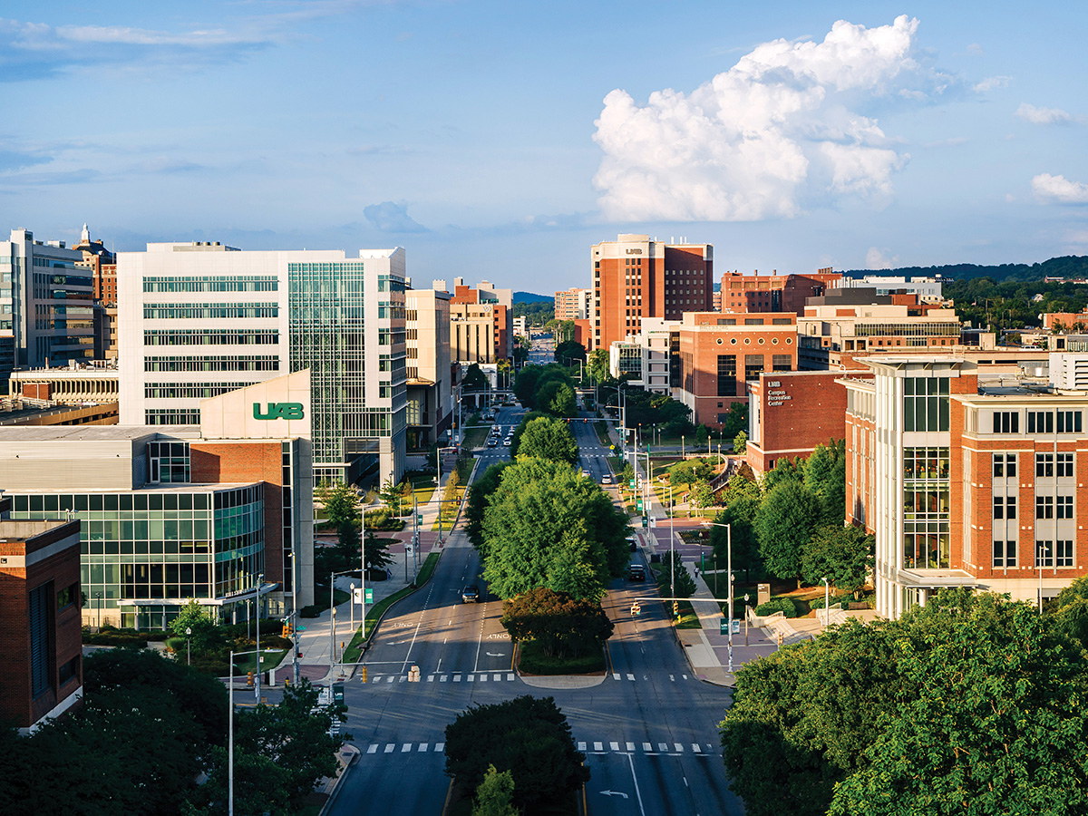 A view down University Boulevard on the UAB campus with university and hospital buildings seen