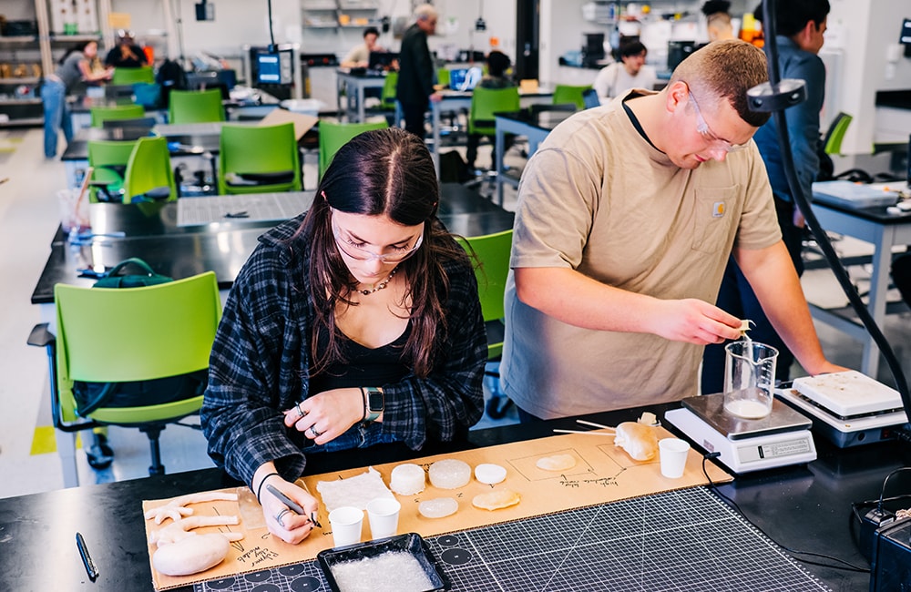 Cam Boydstun and Mason Hotchkiss work on models of kidney tissue in the Design x Prototyping Lab