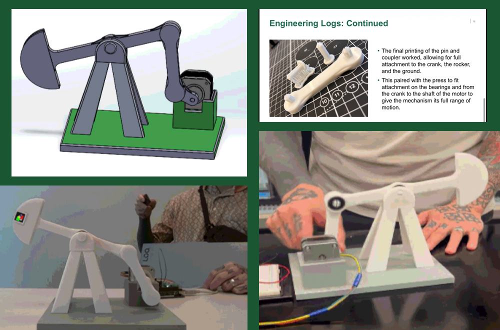 Several CAD images of the four-bar linkage mechanism designed by Riggins and his classmates