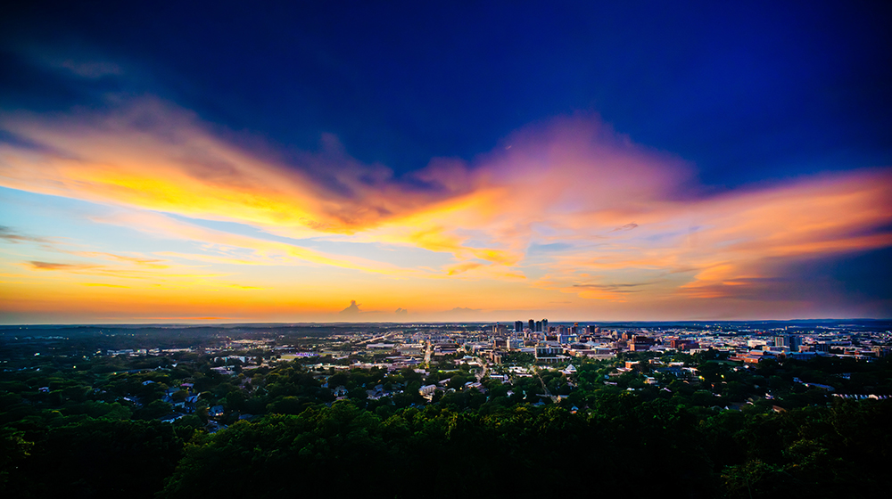 Sunset over the Birmingham skyline as seen from The Club