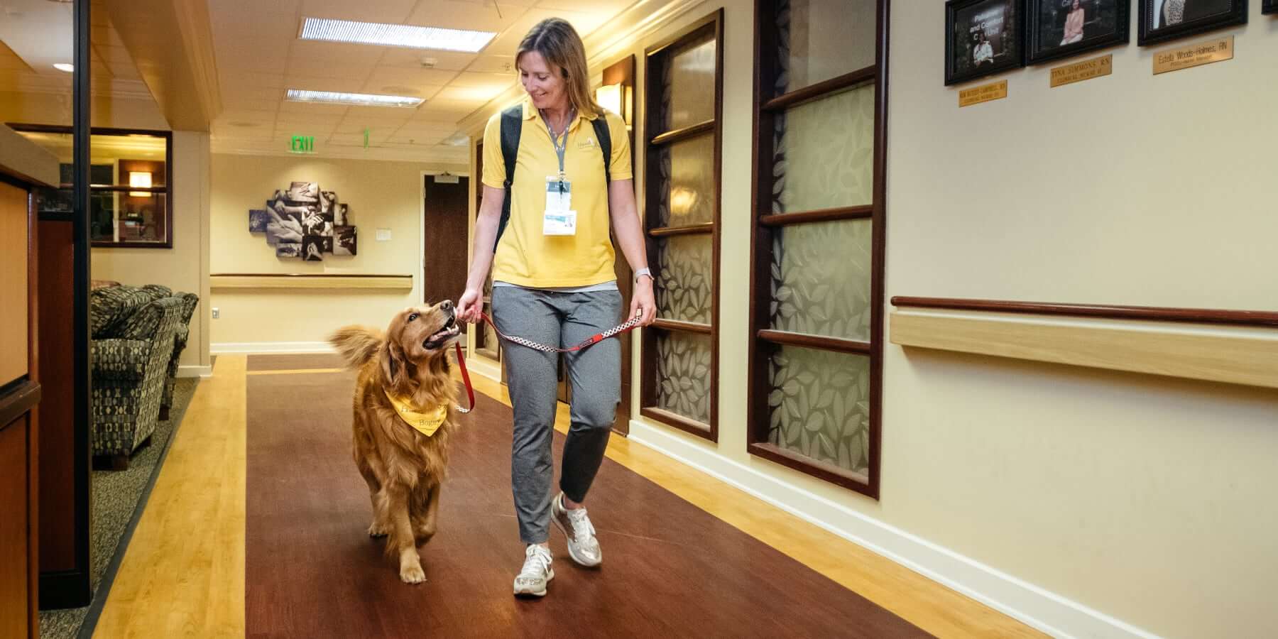 A woman training a service dog in a yellow bandana walking down a hallway. 