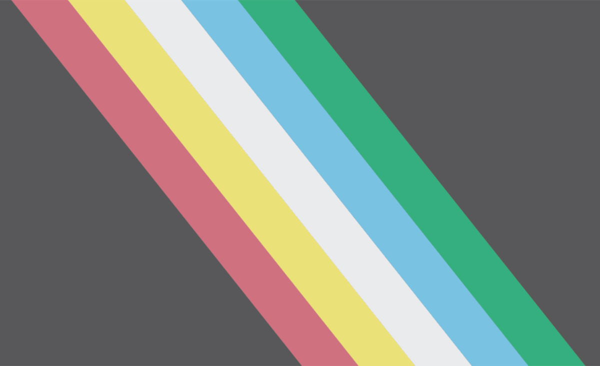 The Disability pride flag - dark gray background with red, gold, white, blue, and green stripes at a left-to-right angle.