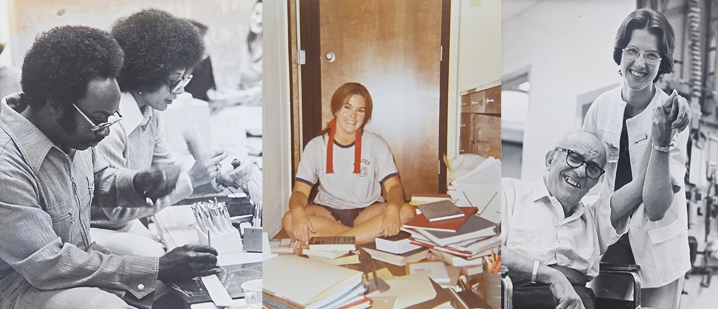 Multiple pictures from the 1970s, two in black and white.