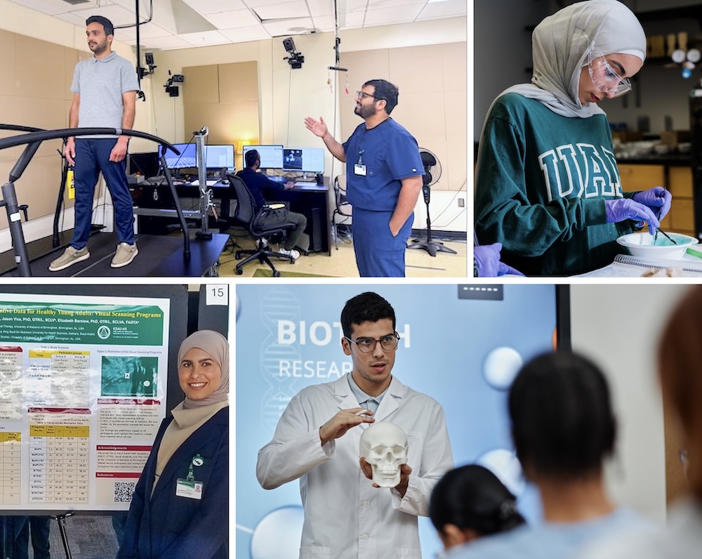 Image of physical lab, wet lab, student presenting a poster, and a lecturer.