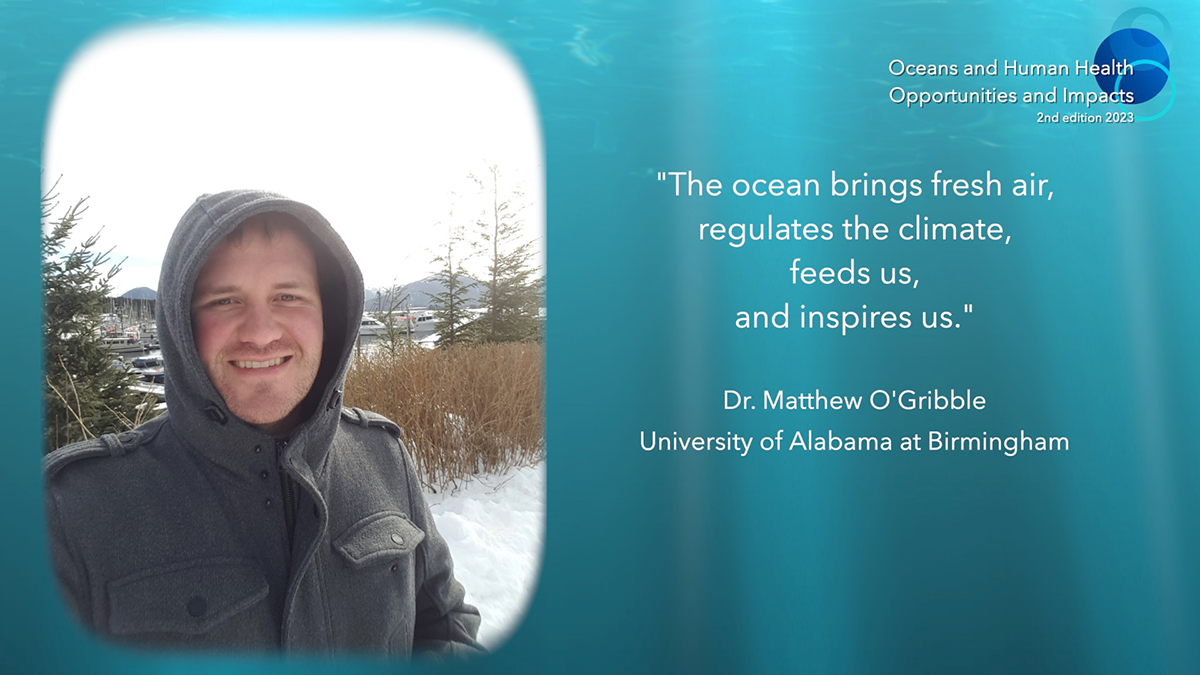 Matthew standing outside on a snowy day, with quote: "The Ocean brings fresh air, regulates the climate, feeds us, and inspires us."