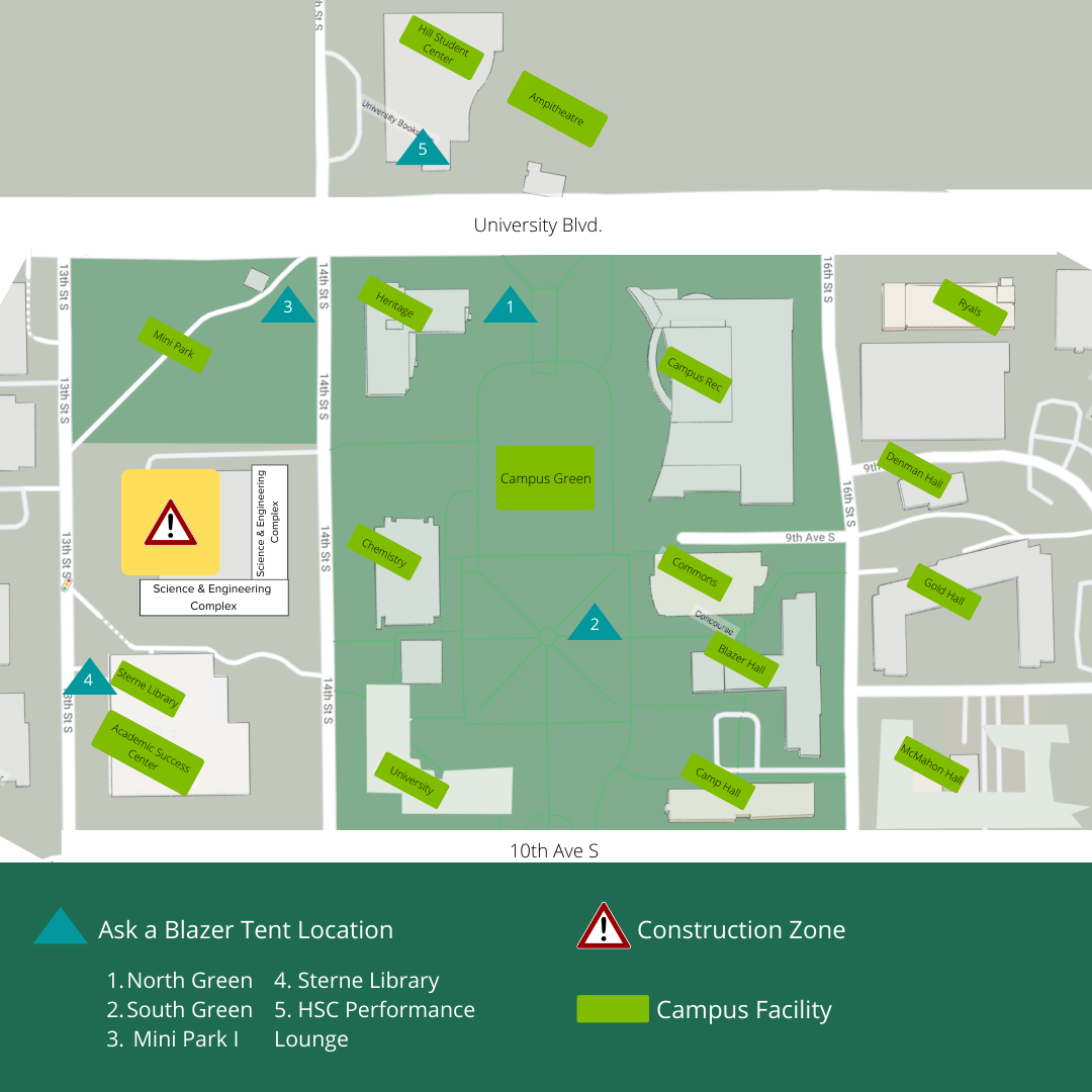 This image illustrates the 5 tent locations for the Ask a Blazer initiative. Tents will be stationed on the North Green, South Green, Mini Park East, Mini Park West, and inside the Hill Student Center in the Performance Lounge on the southwest side of the building.