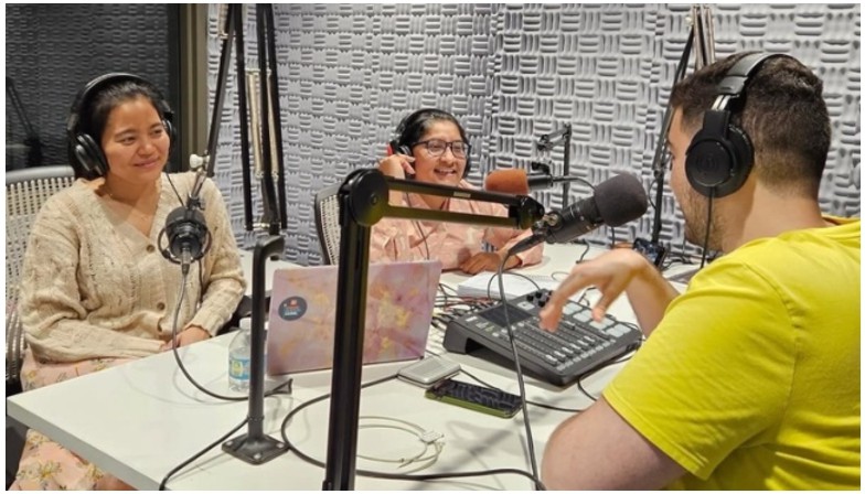 Students recording podcast