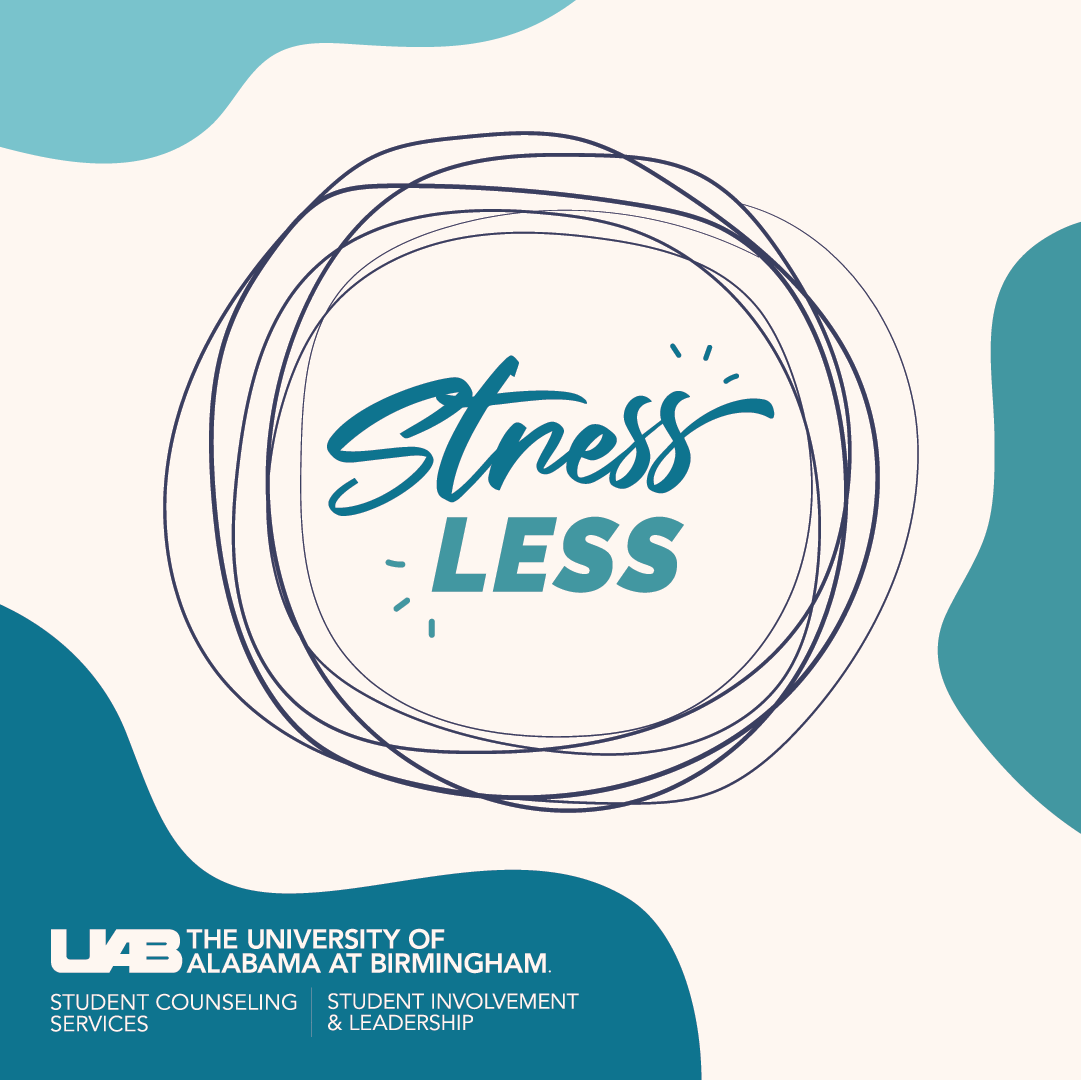 Graphic of the Stress Less week logo, spring version in blue