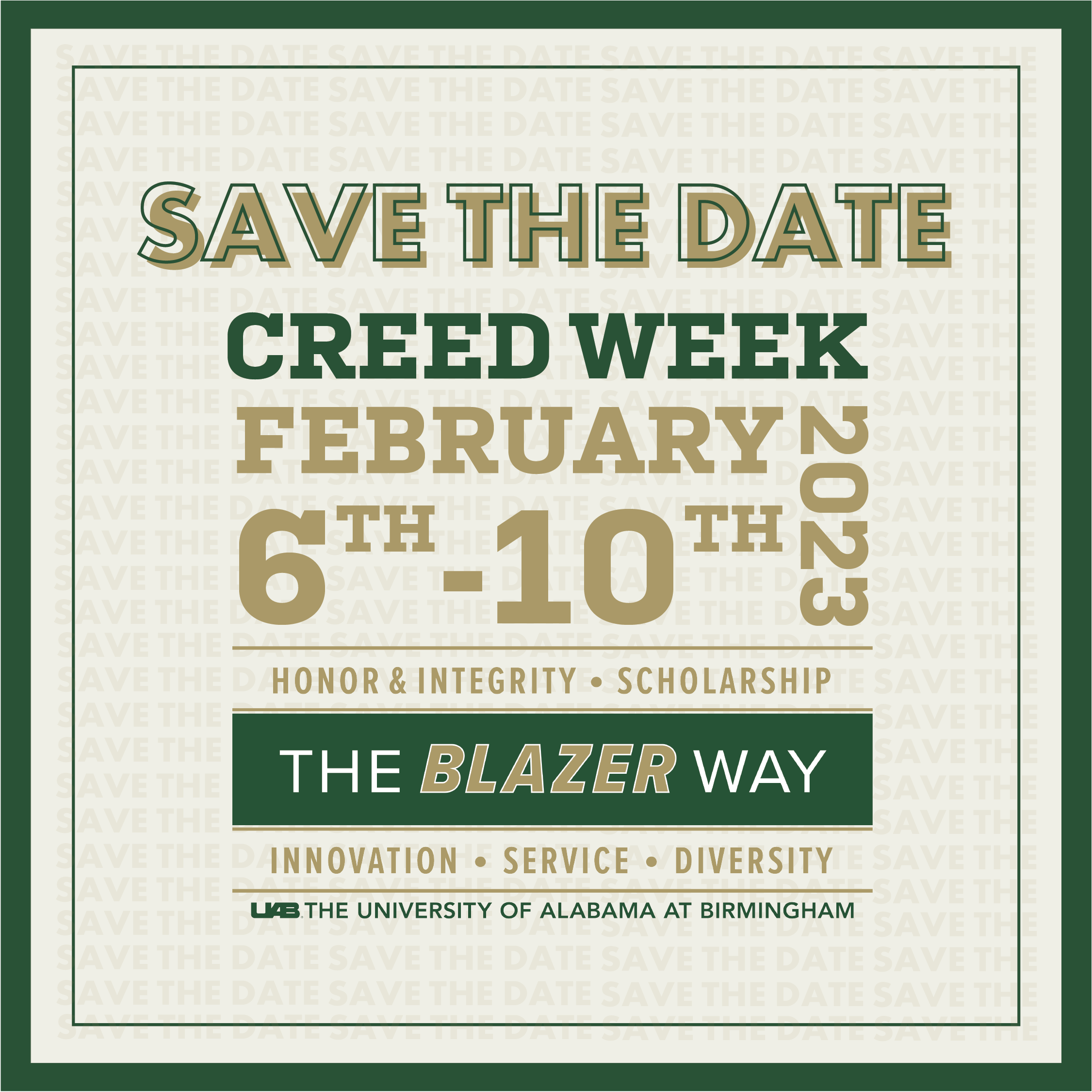 Graphic that reads -- Save the date: Creed Week February 6th - 10th 2023