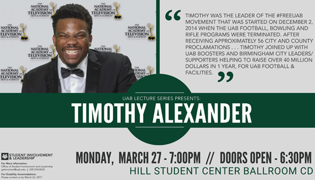 Tim Alexander returns to UAB for final Spring 2017 Lecture Series