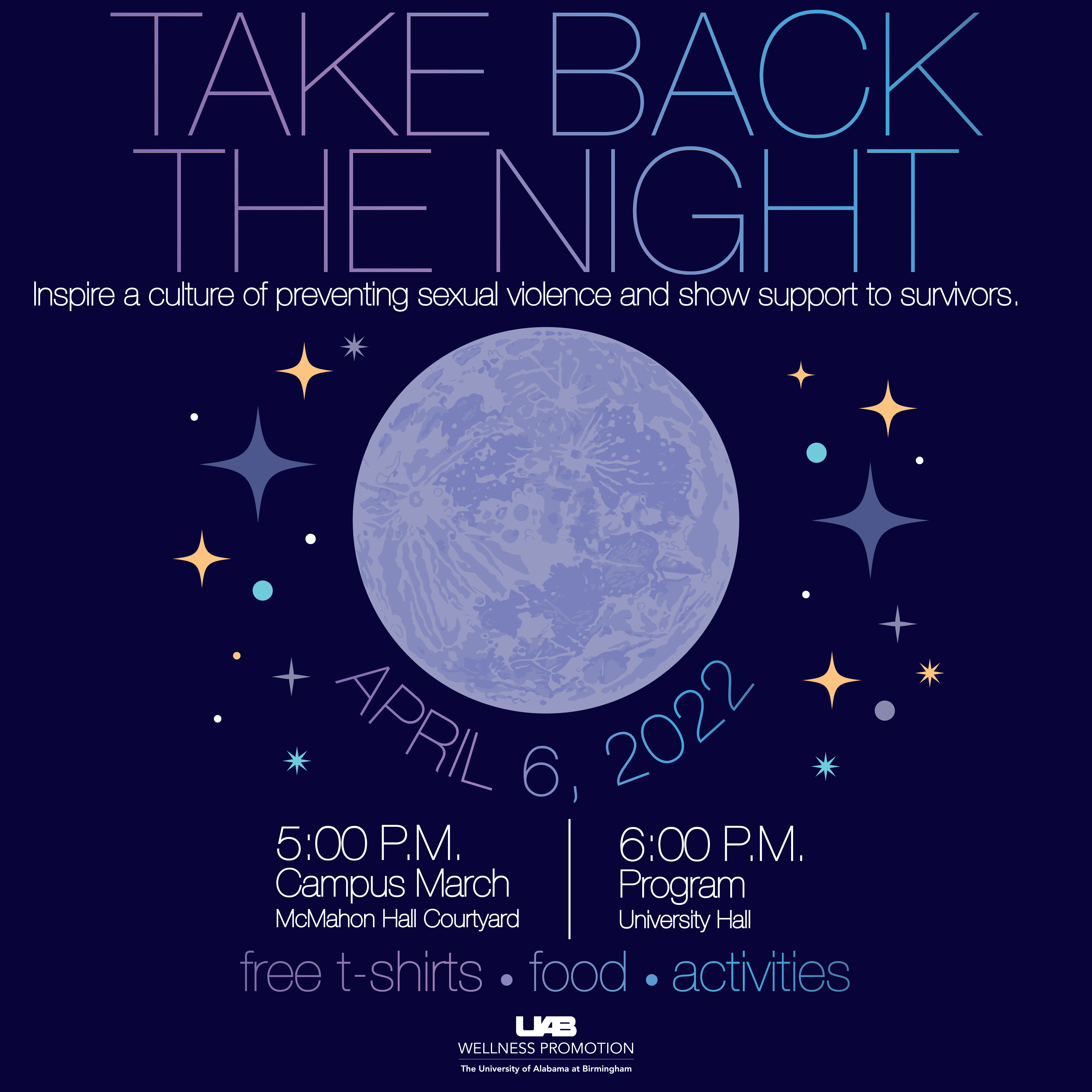 Graphic with moon in center. It reads "Take Back The Night -- Inspire a culture of preventing sexual violence and show support to survivors"