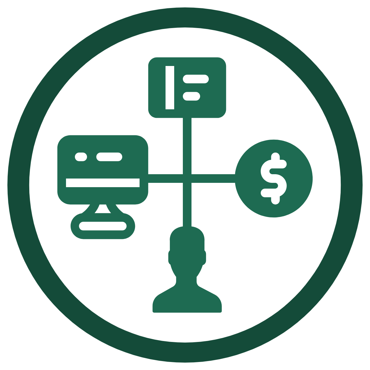 Silhouette of a man with lines pointing to three icons, computer, credit card, and a monetary coin - Resources