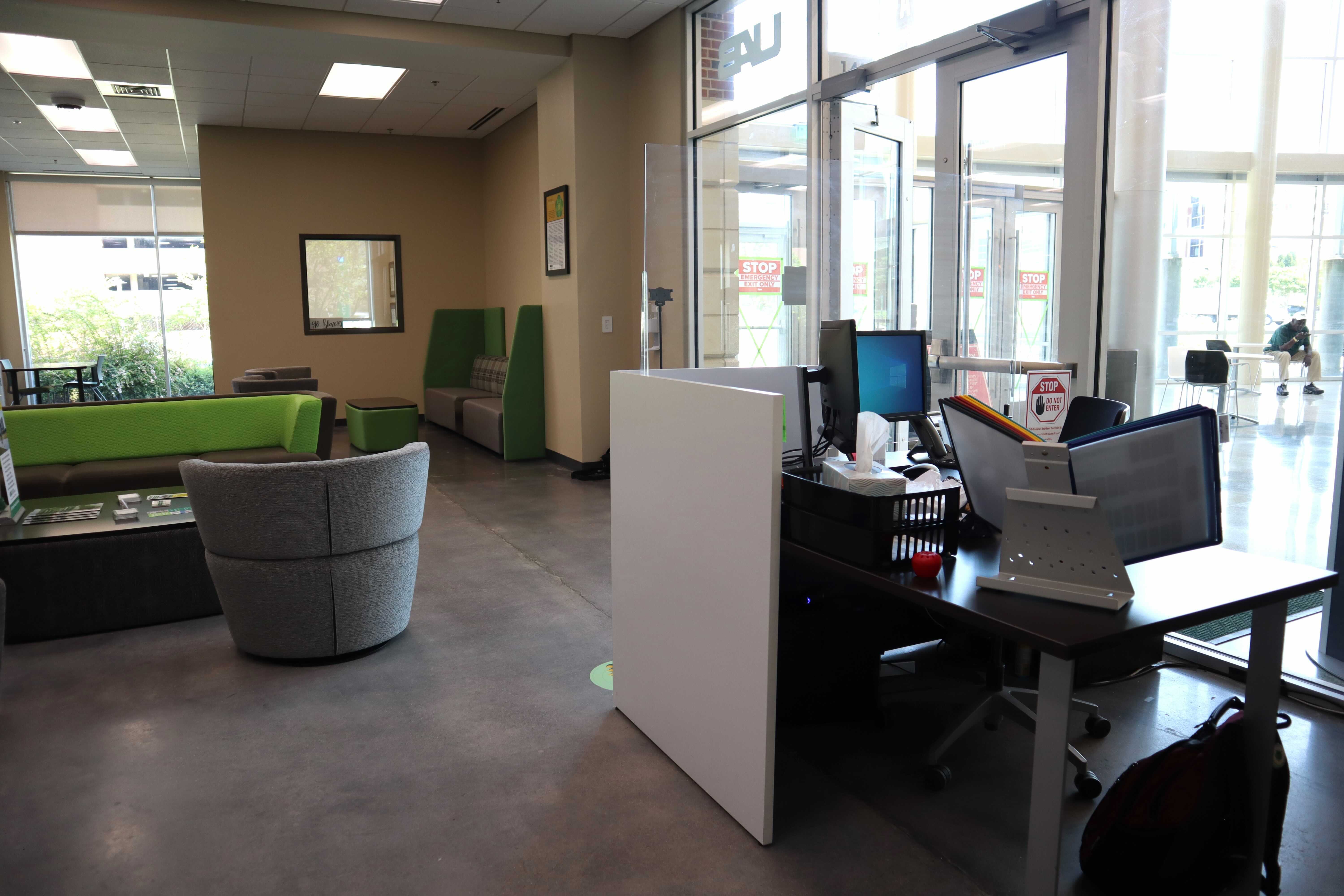 Off-Campus Student lounge with reception desk in view