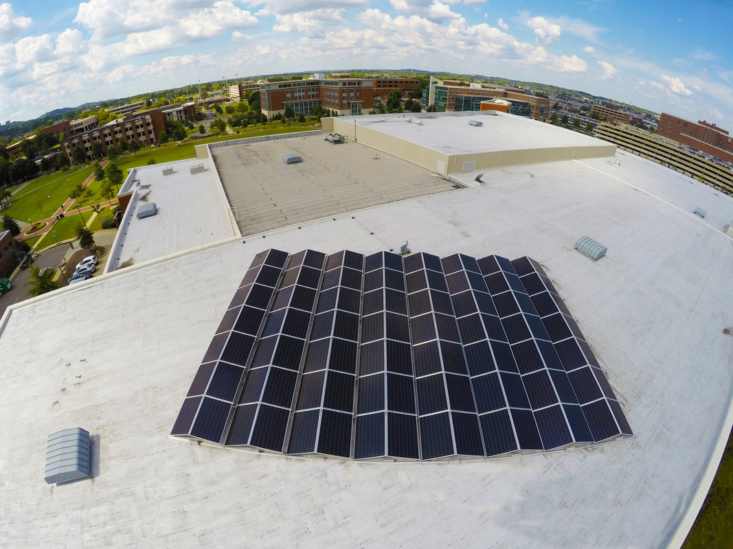 UAB Sustainability installs a 112-panel system atop of the Rec. center to serve as a focal point in order to promote environmentally friendly practices on campus.  Photo by Amanda Abbett