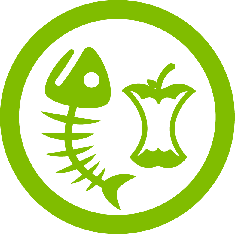 Graphic of a fish skeleton and an eaten apple.