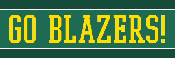 Small green banner with big yellow capital letters reading 'Go Bazers!'