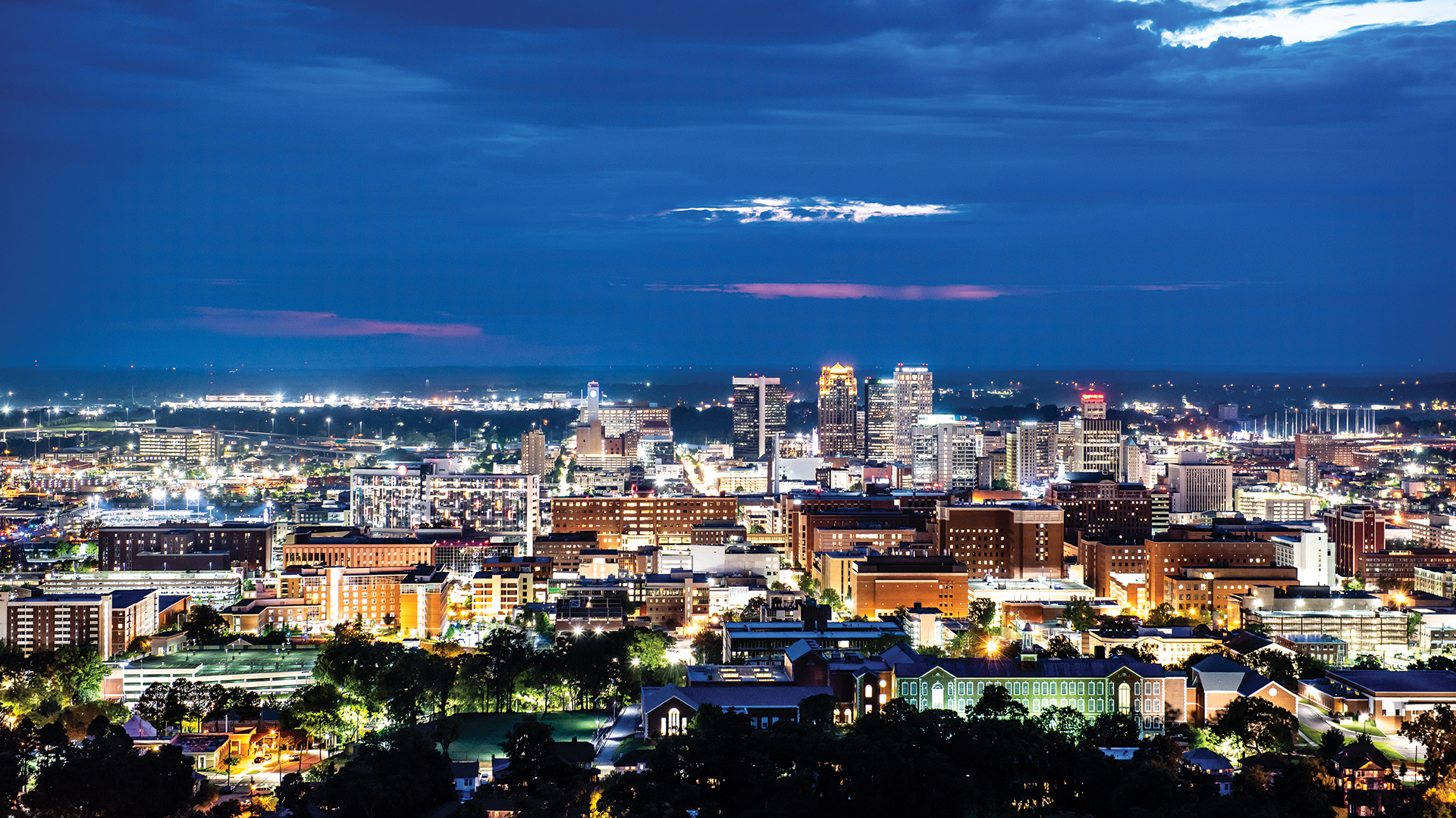 Birmingham skyline at night.