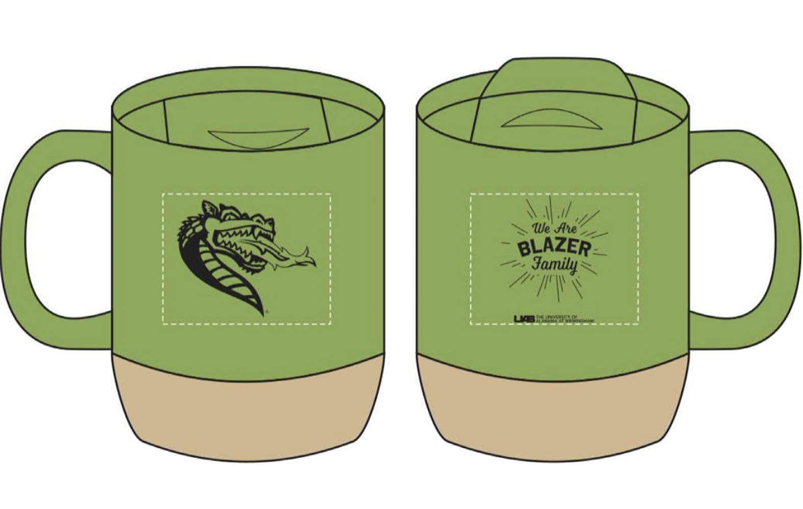 Illustration of proper UAB logo and unit placement on a mug.