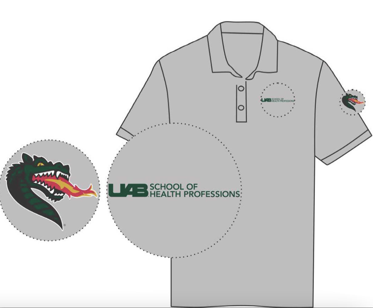 UAB logo and unit as it should appear on polo shirt's left chest and shoulder.