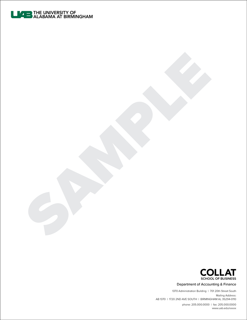 Collat School of Business letterhead with standard uab logo