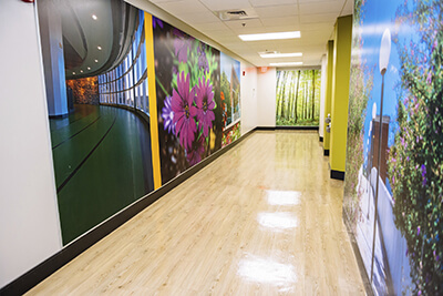 hallway with colorful pictures