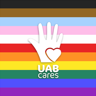UAB Cares logo with Pride flag background