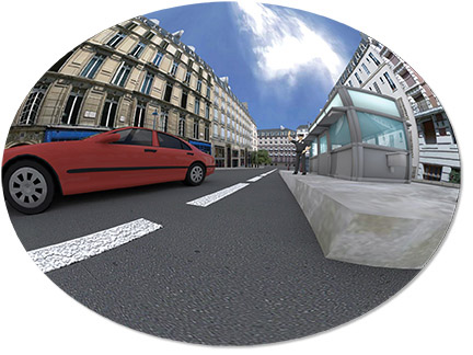 Virtual-reality fish-eye view of a Paris street