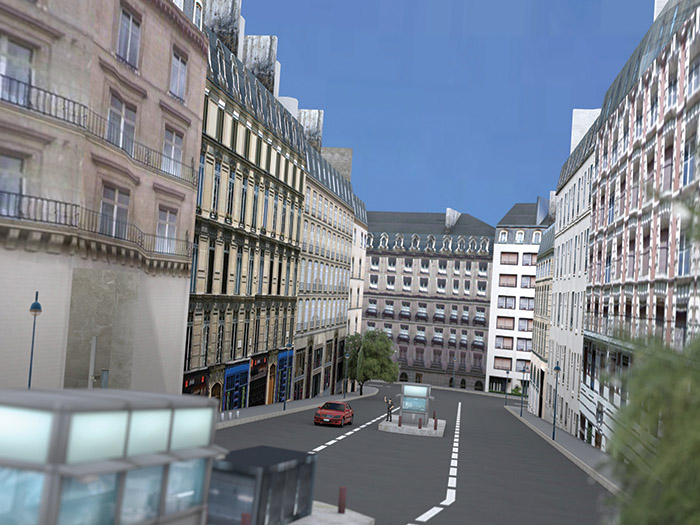 A virtual-reality rendering of a Paris neighborhood