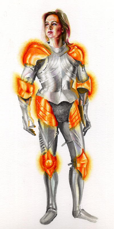 Illustration of woman in armor with joint areas highlighted