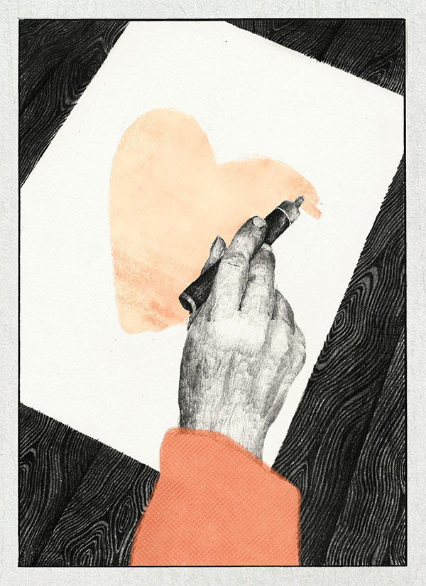 Illustration of inmate hand drawing heart