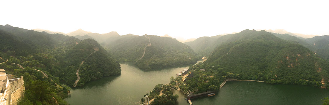 Panoramic photo of Chinese hills and Great Wall